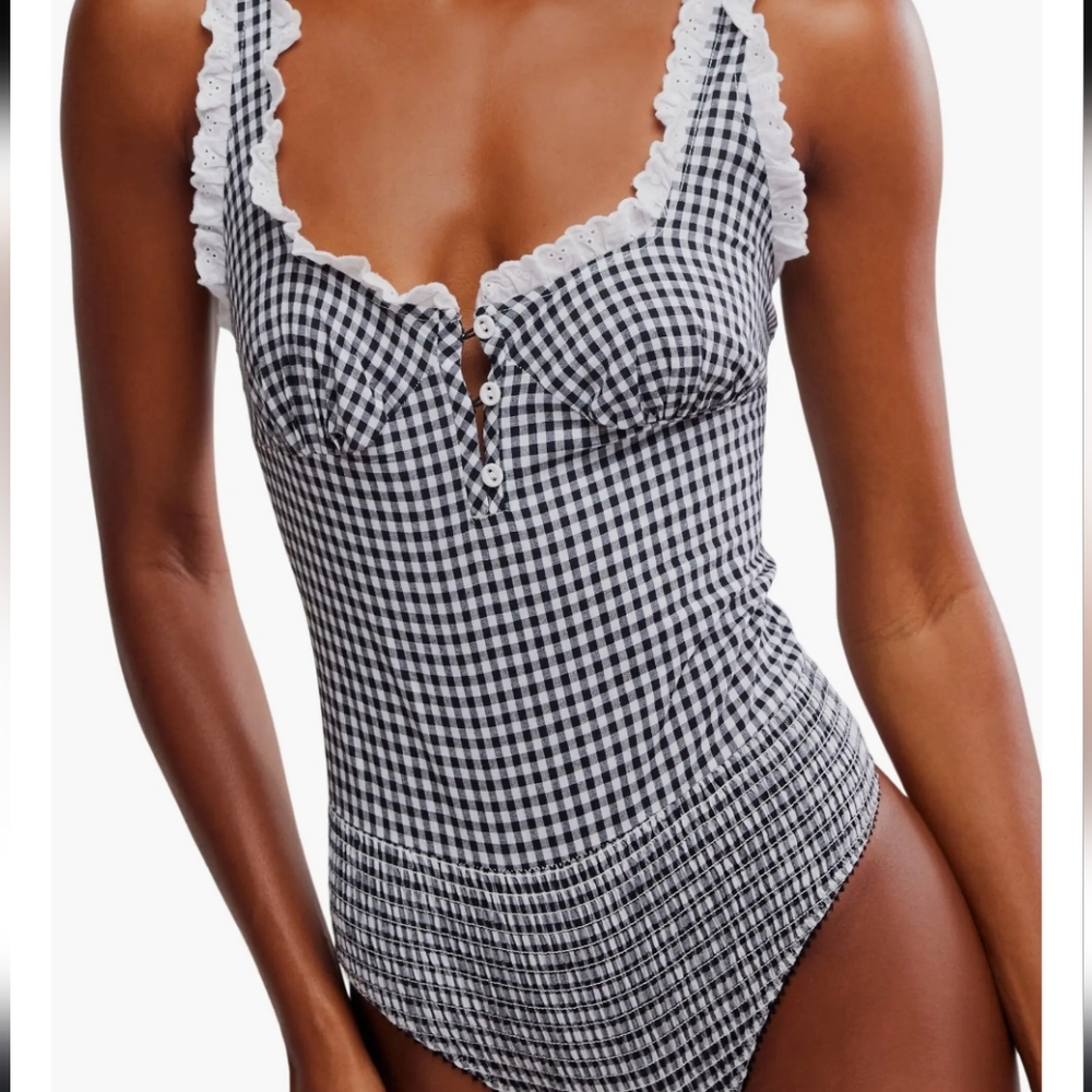 ☀️Free People Cassie Gingham Women's Smocked Bodysuit NWOT, Small - Picture 9 of 14